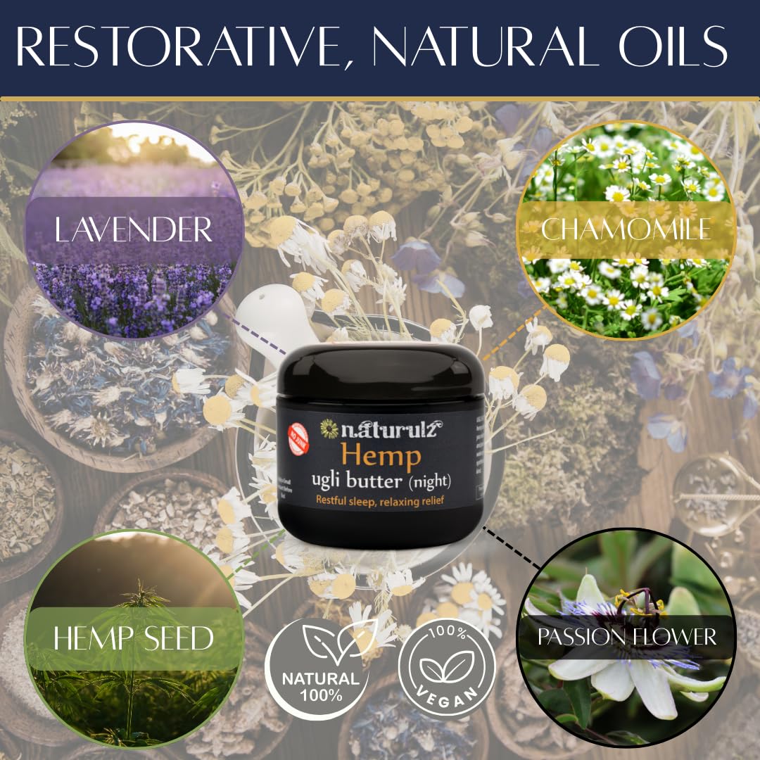 Naturulz Ugli Butter Night Cream lavender note signals relaxing aroma.