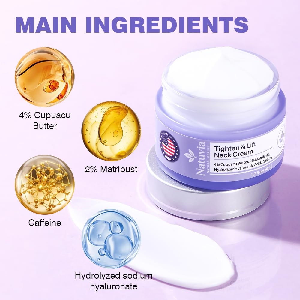 Natuvia Tighten Neck Cream before after visual hints at lift.