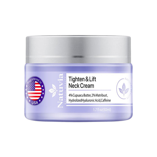 Natuvia Tighten Neck Cream bottle closeup showing premium packaging and hydration potential.