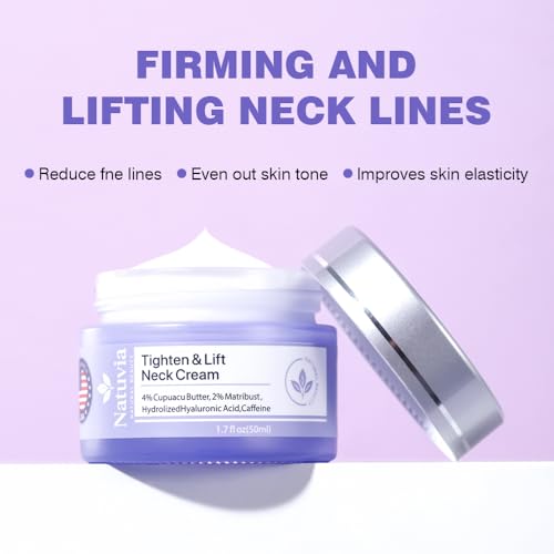 Natuvia Tighten Neck Cream jar texture emphasizing rich moisture for dry neck skin.