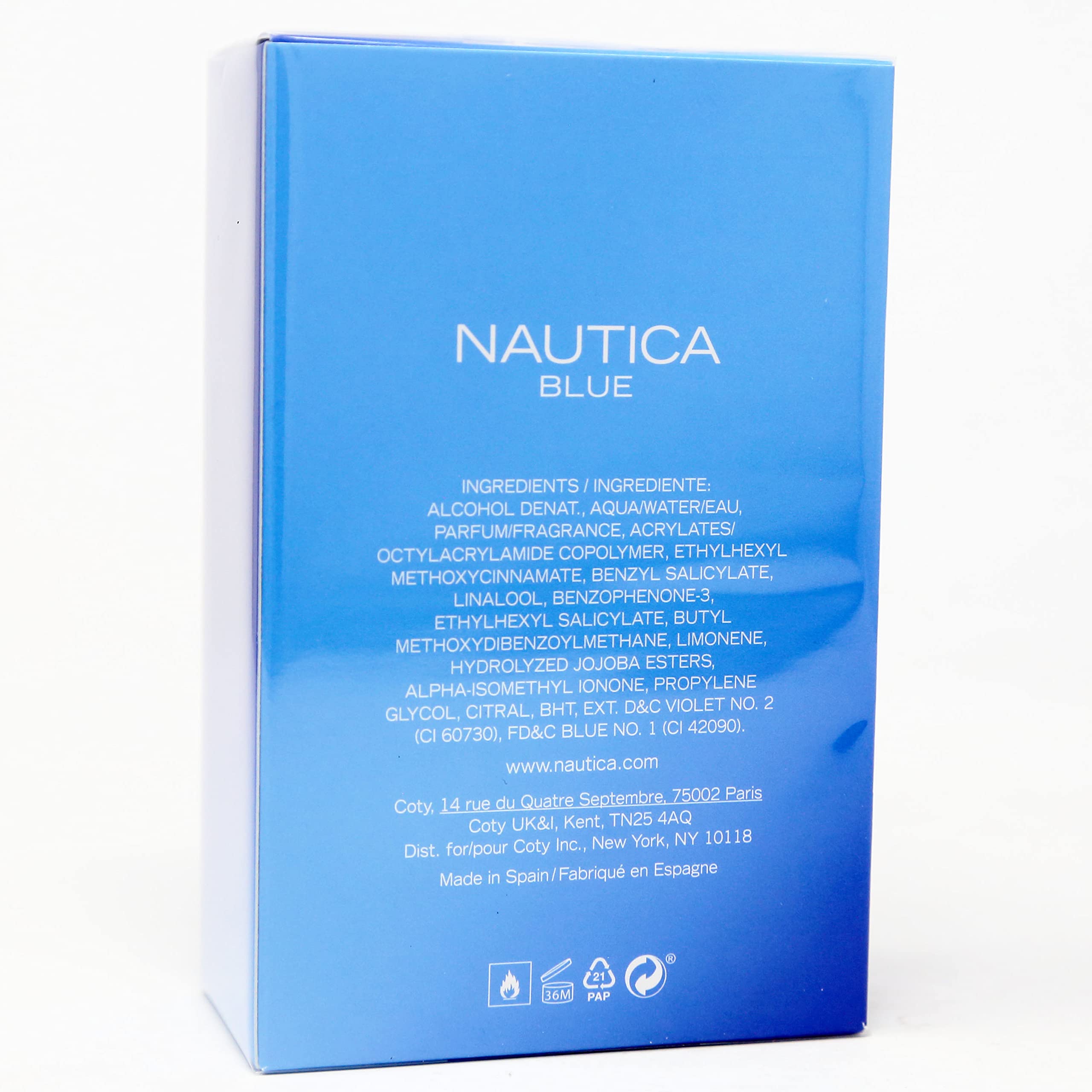 Nautica Blue EDT packaging back view, compact 3.4 oz bottle ready for travel