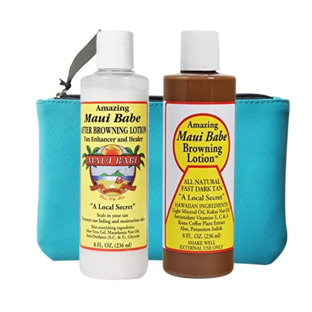 Maui Babe Browning Lotion 8oz bottle ready for sun, boosting natural tan development.