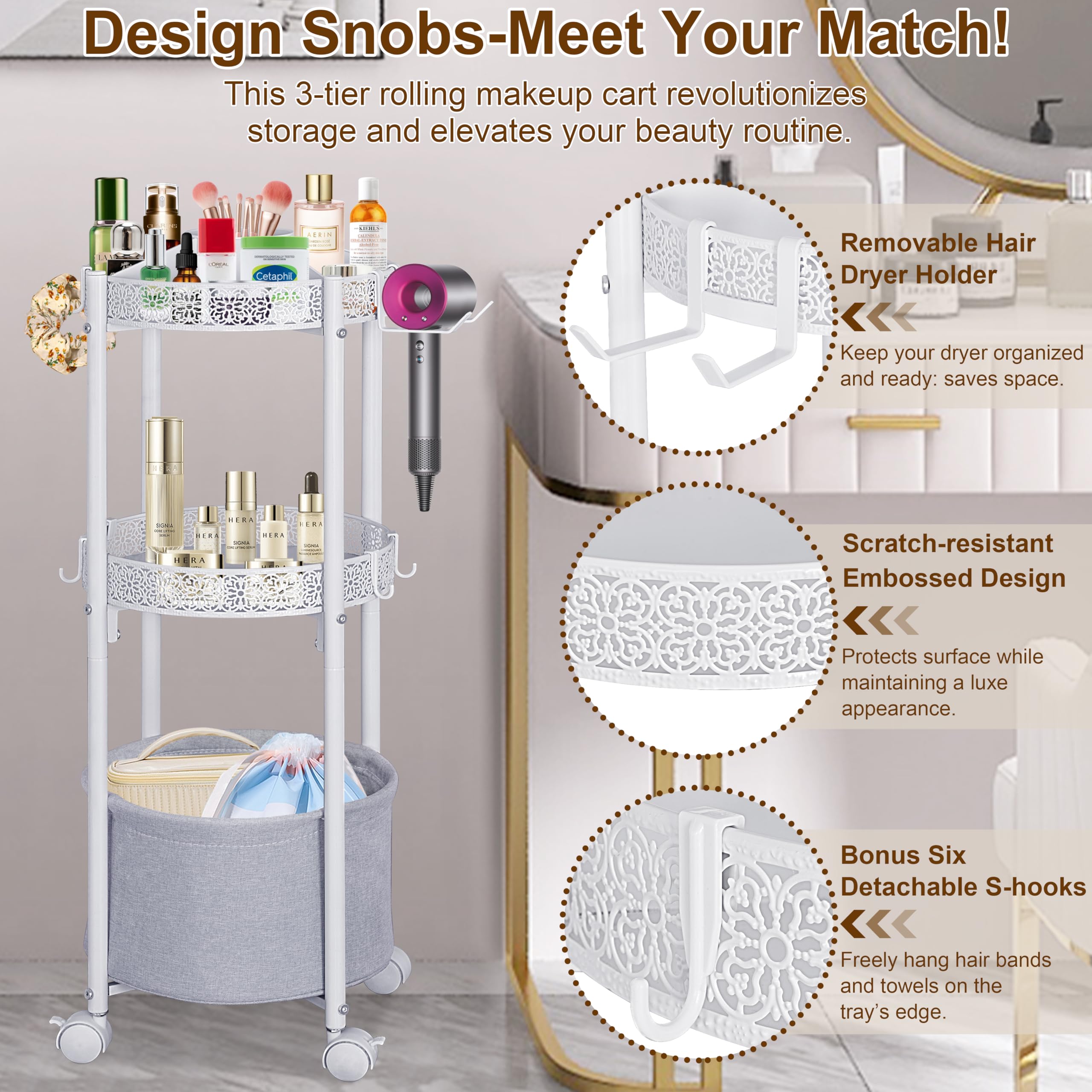 NauwaBarn rolling makeup cart in bathroom showcases compact round design for small spaces.