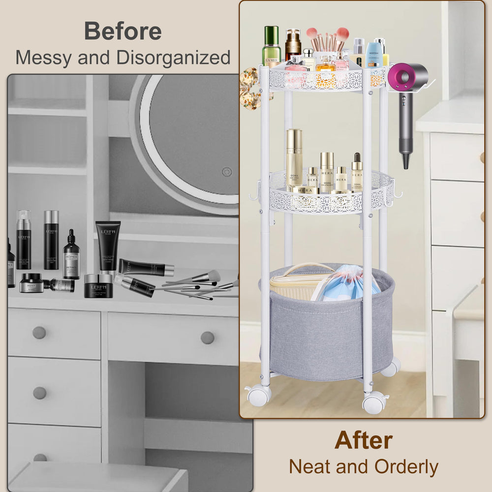 NauwaBarn rolling makeup cart embossed trays reduce wear and keep items visible.