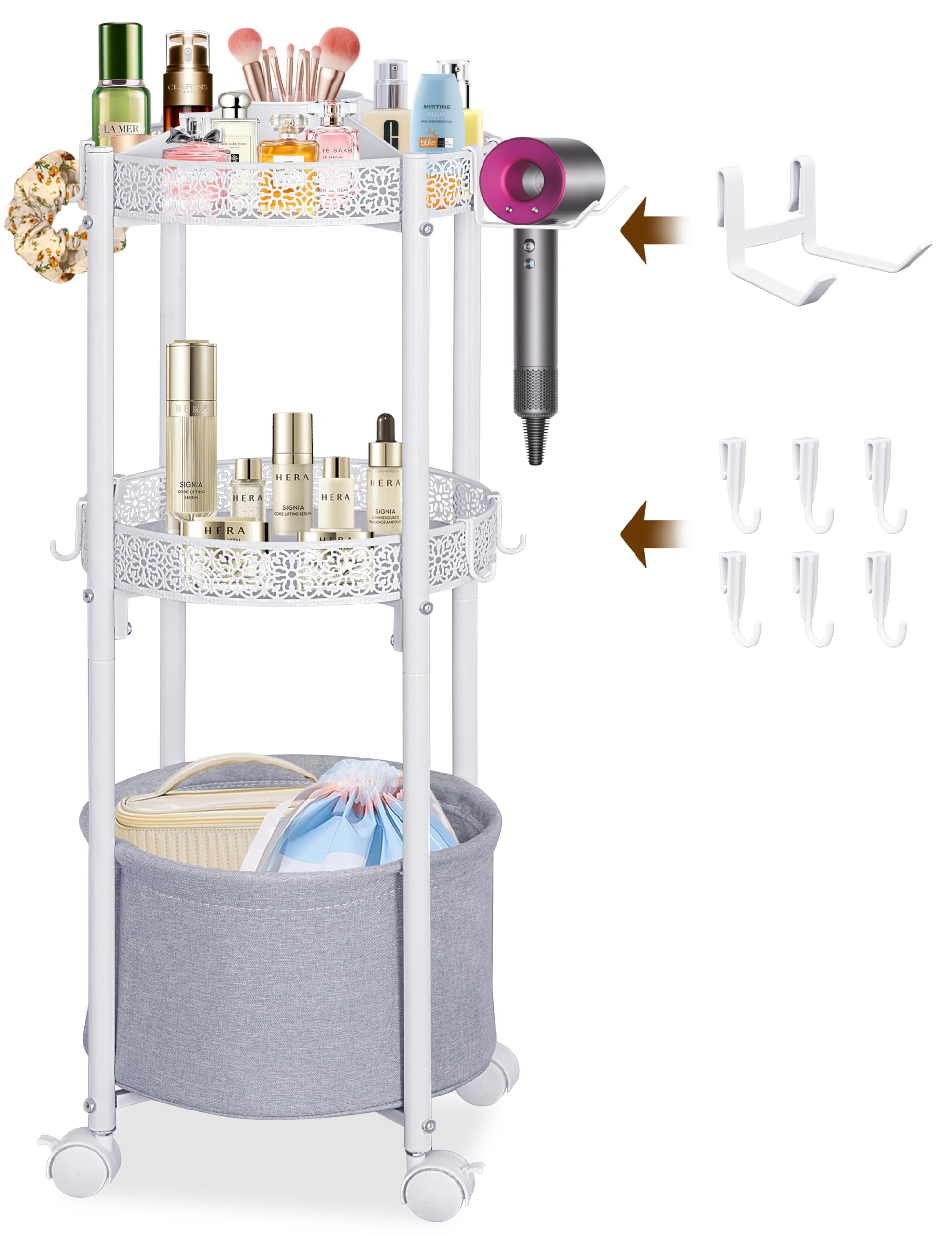 NauwaBarn rolling makeup cart front view shows portable cosmetics organization.