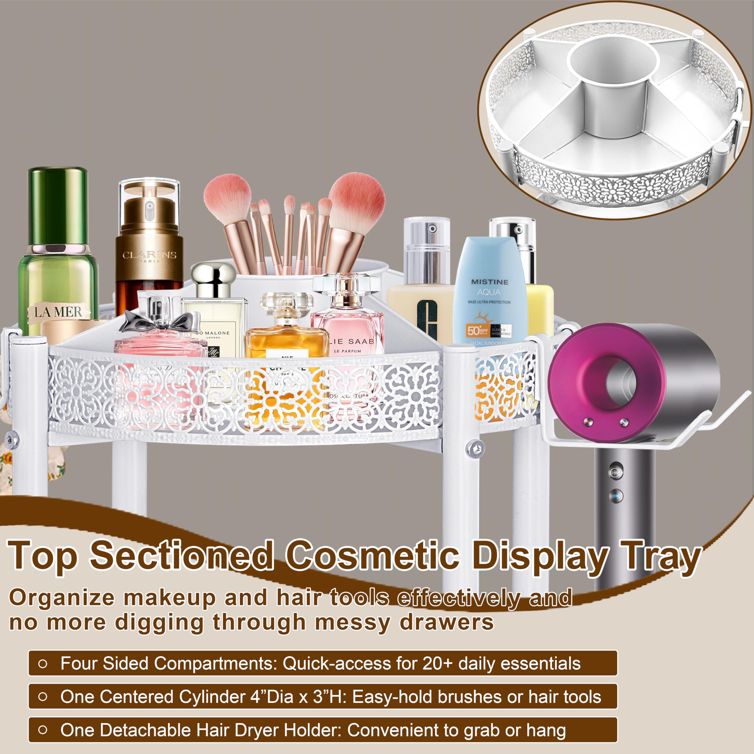 NauwaBarn rolling makeup cart with hair dryer holder demonstrates convenient tool access.
