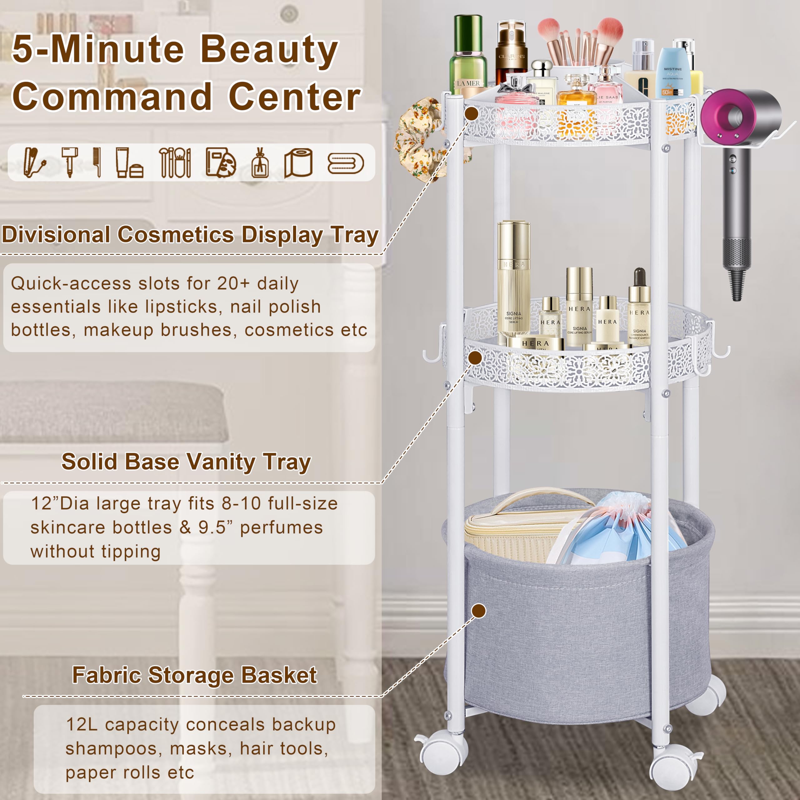 NauwaBarn rolling makeup cart top tray compartments organized for lipsticks and tools.
