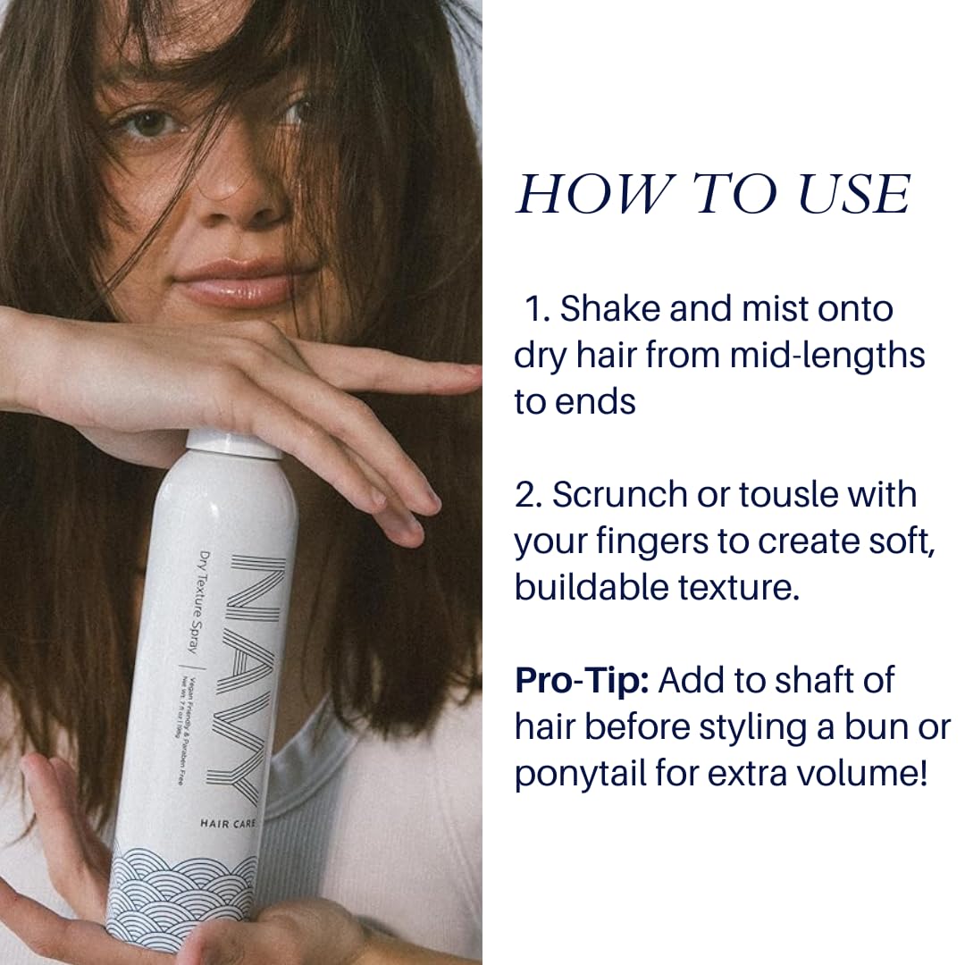 Navy Dry Texture Spray mid-lengths adds buildable texture and lift.