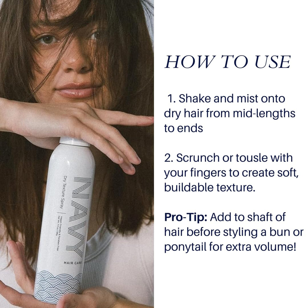 Navy Dry Texture Spray mid-lengths adds buildable texture and lift.