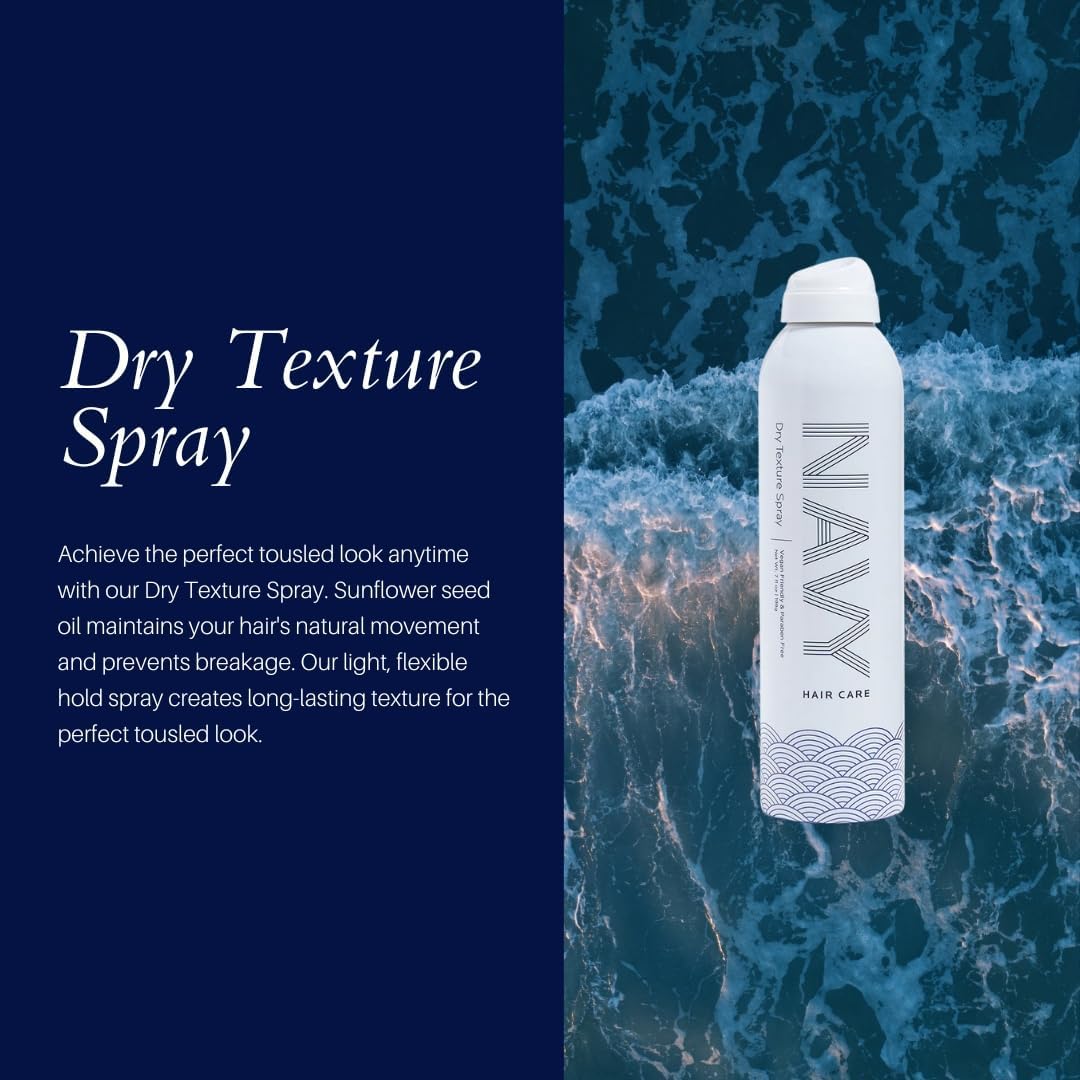 Navy Dry Texture Spray scrunches into a styled ponytail with flexible hold.