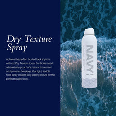 Navy Dry Texture Spray scrunches into a styled ponytail with flexible hold.