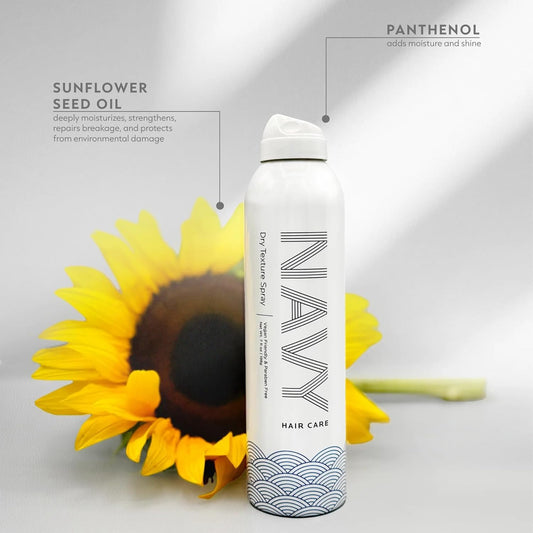 NAVY HAIR CARE Dry Texture Spray mist demonstrates lightweight texture for fine hair.