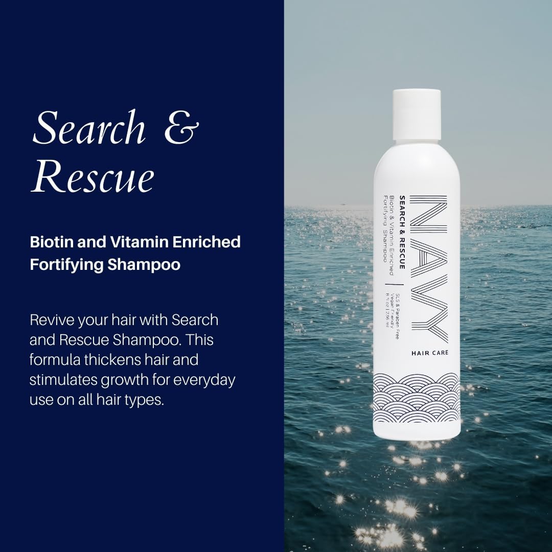 NAVY HAIR CARE Search and Rescue shampoo being poured, rich lather in hand.