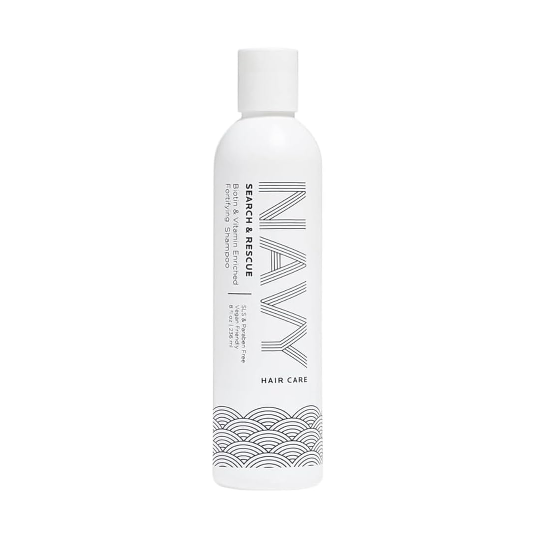 NAVY HAIR CARE Search and Rescue bottle highlights biotin enrichment for fuller hair