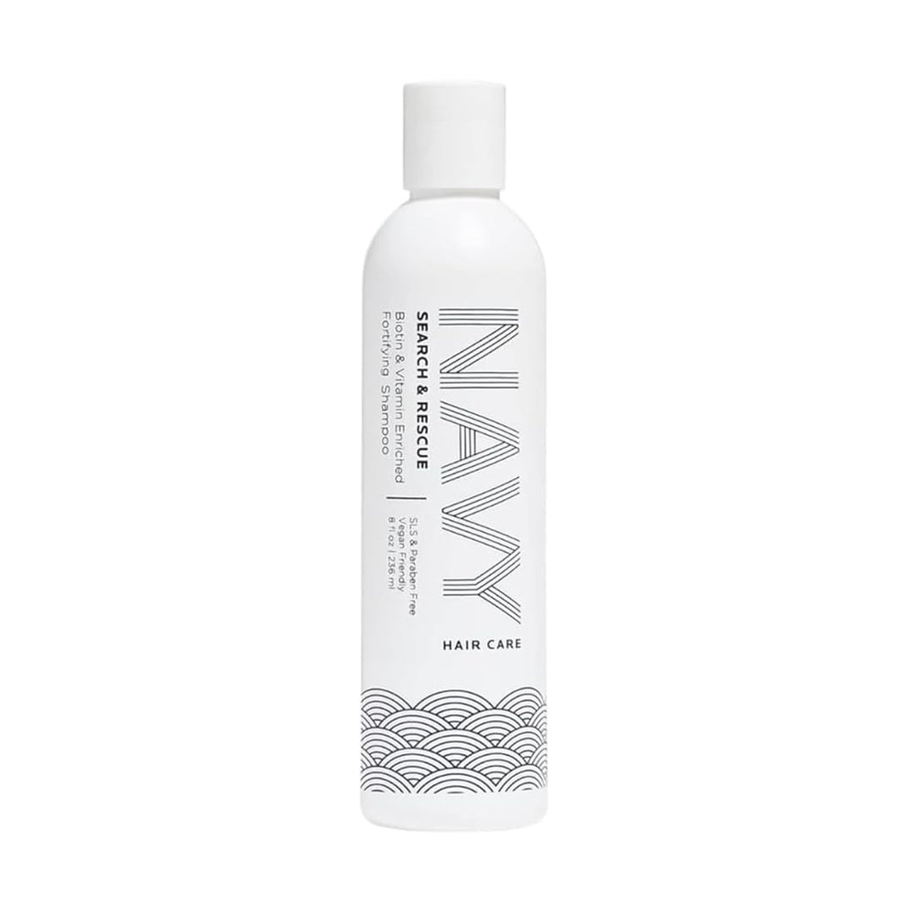 NAVY HAIR CARE Search and Rescue bottle highlights biotin enrichment for fuller hair