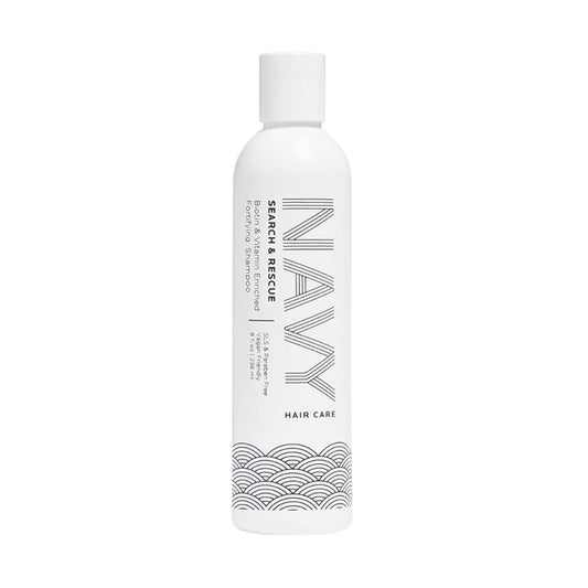 NAVY HAIR CARE Search and Rescue bottle highlights biotin enrichment for fuller hair