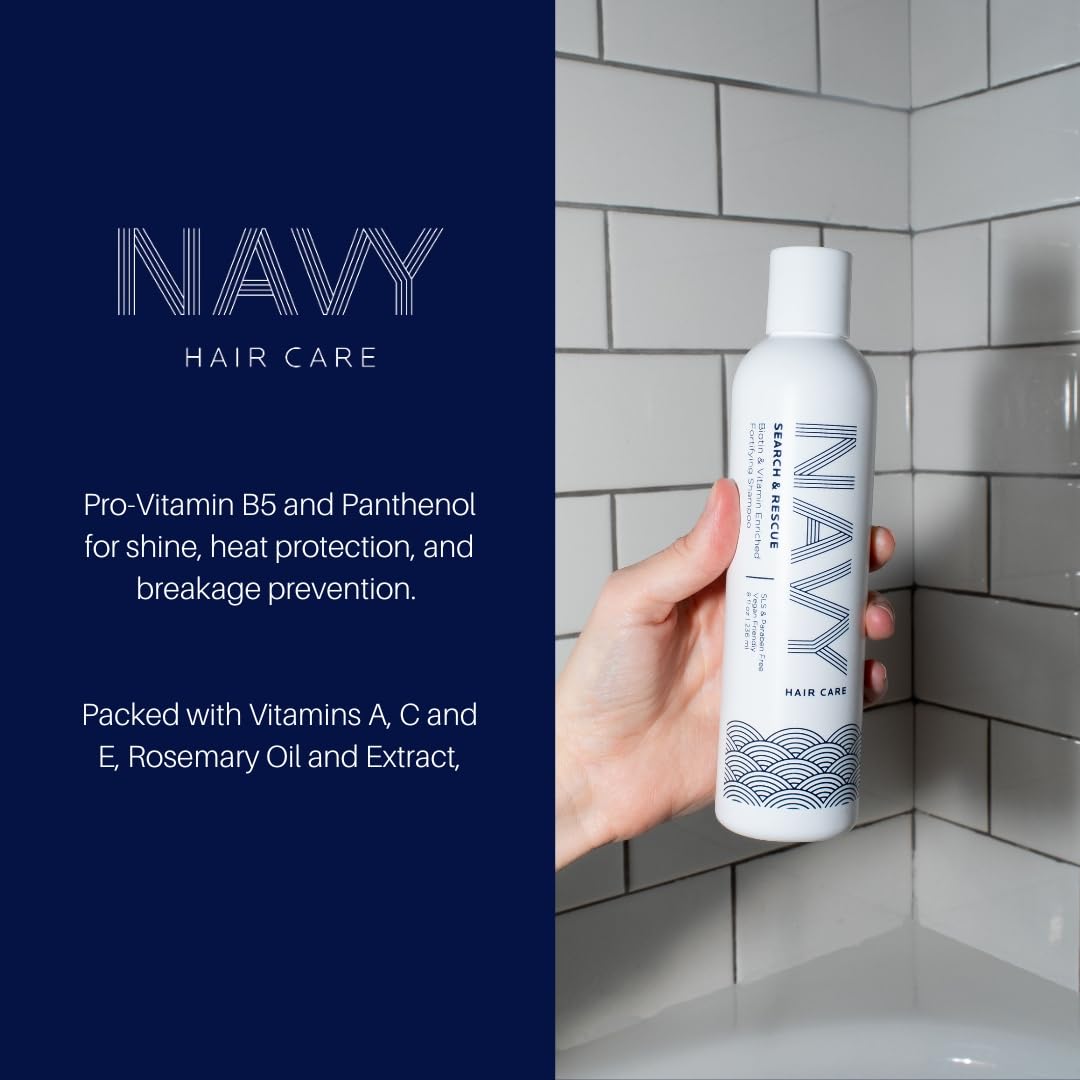 NAVY HAIR CARE Search and Rescue free-from-sulfates label communicates safer daily use
