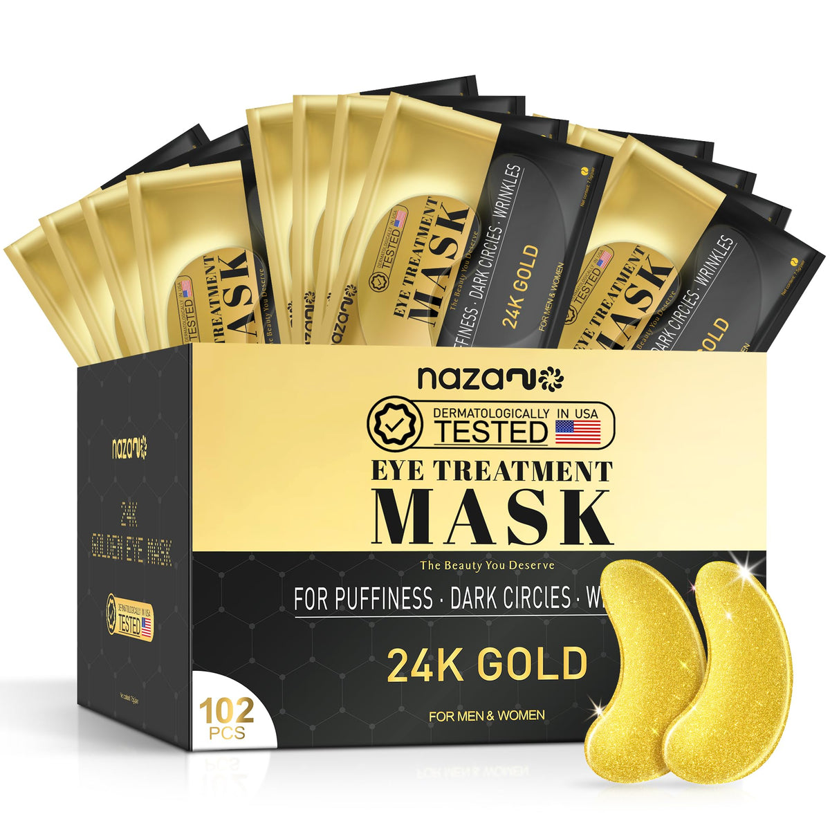 NAZANO 24K gold under-eye patches on display for hydration and luxury care.
