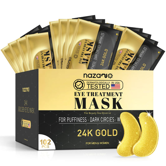 NAZANO 24K gold under-eye patches on display for hydration and luxury care.