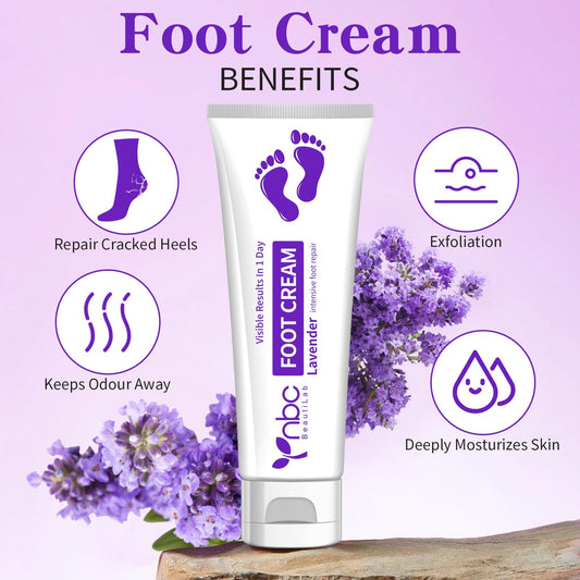 NBC BeautiLab foot callus remover lavender tube: quick-absorbing moisture for dry, rough heels.
