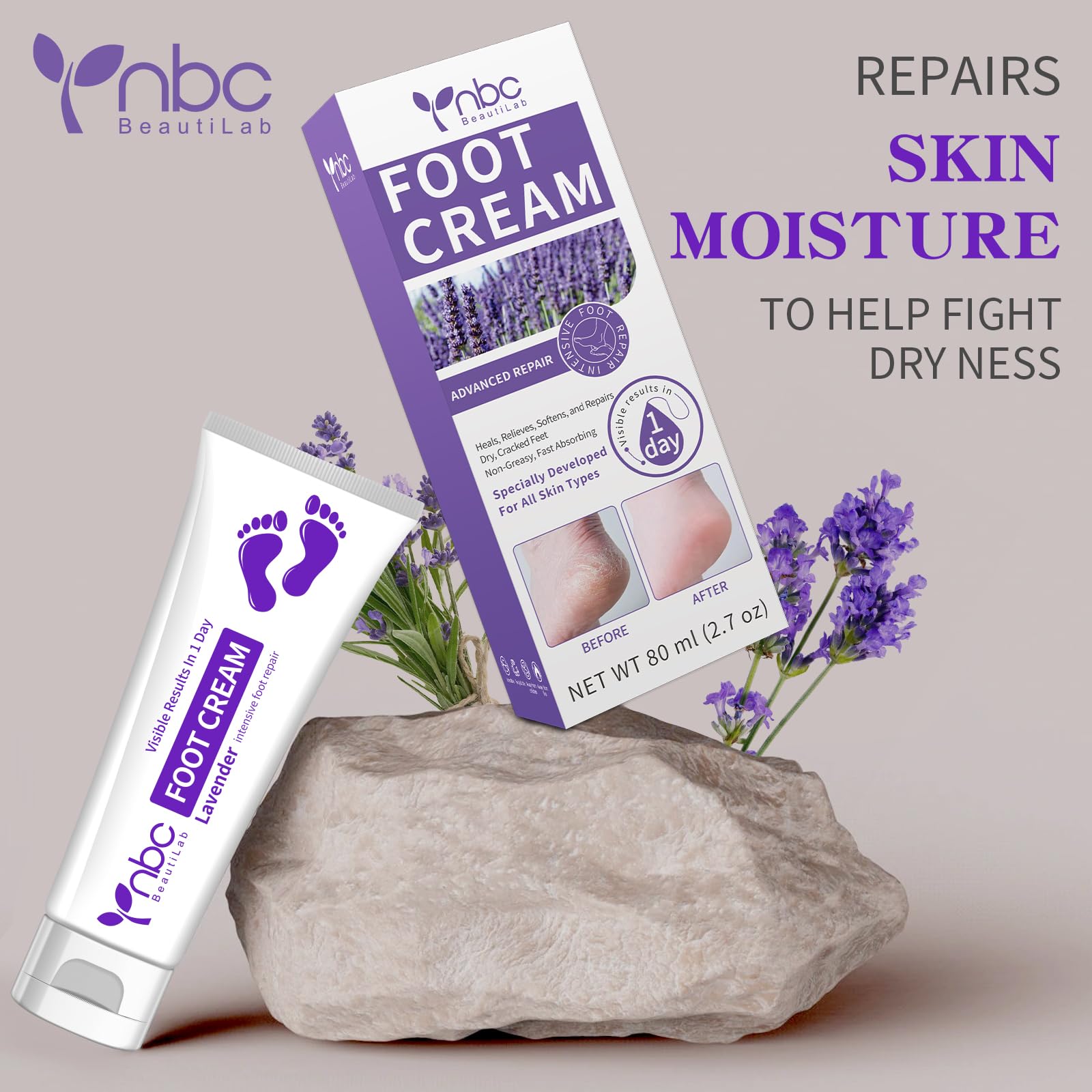 NBC BeautiLab hand and foot cream lavender application: softens dry skin on hands and feet.