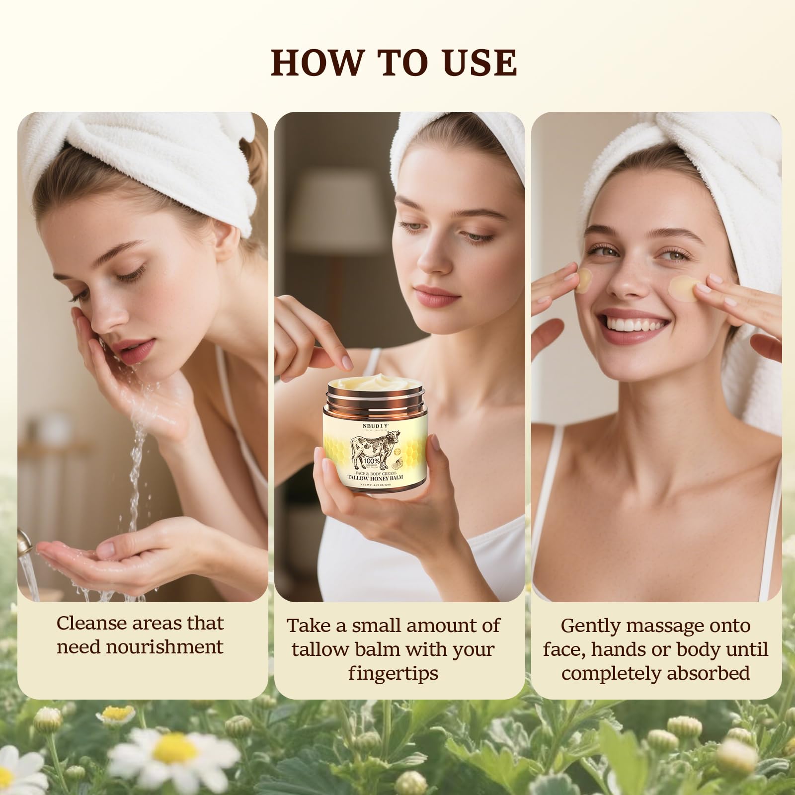 NBUDIY balm being massaged into the face for quick absorption.