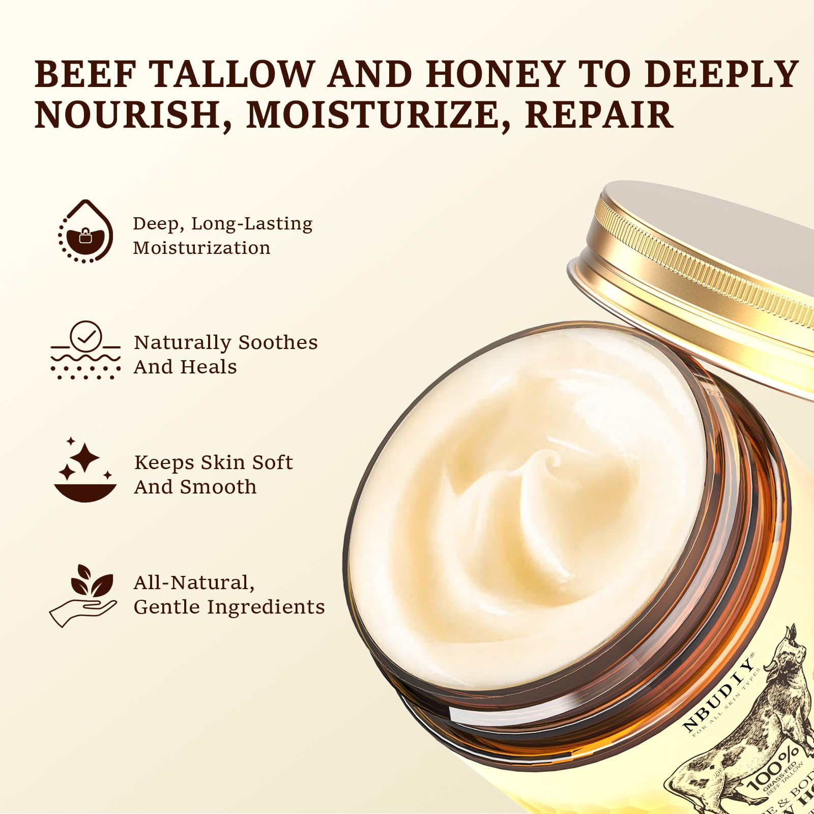 NBUDIY honey and olive oil emulsion highlights natural nourishment.
