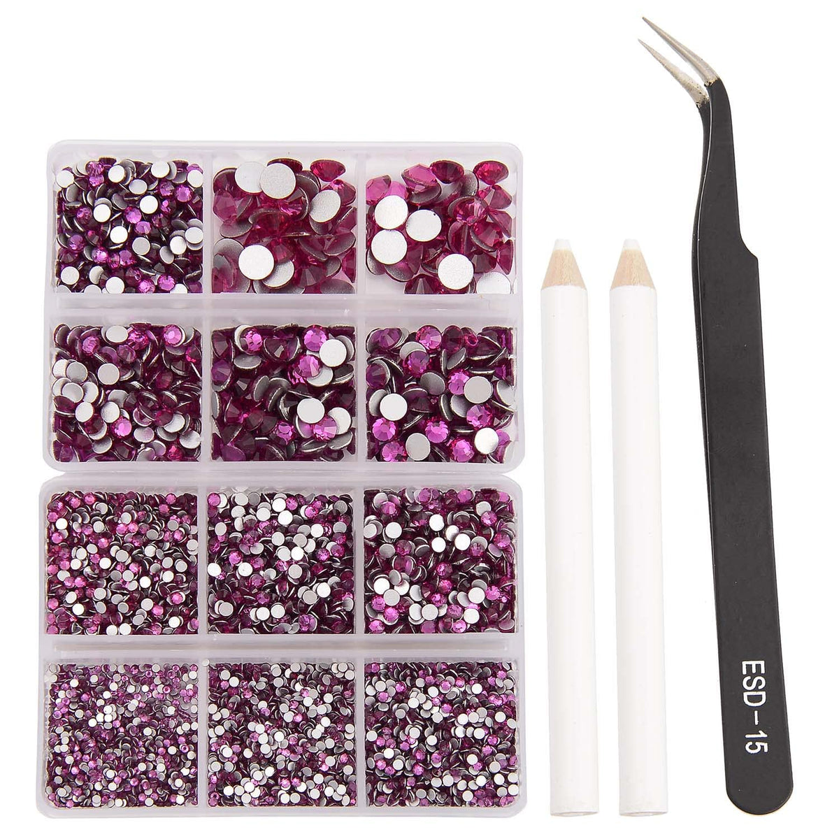 NCB 8000pcs non-hotfix rhinestones assortment for nail art and DIY crafts, with tweezers and picking pen.