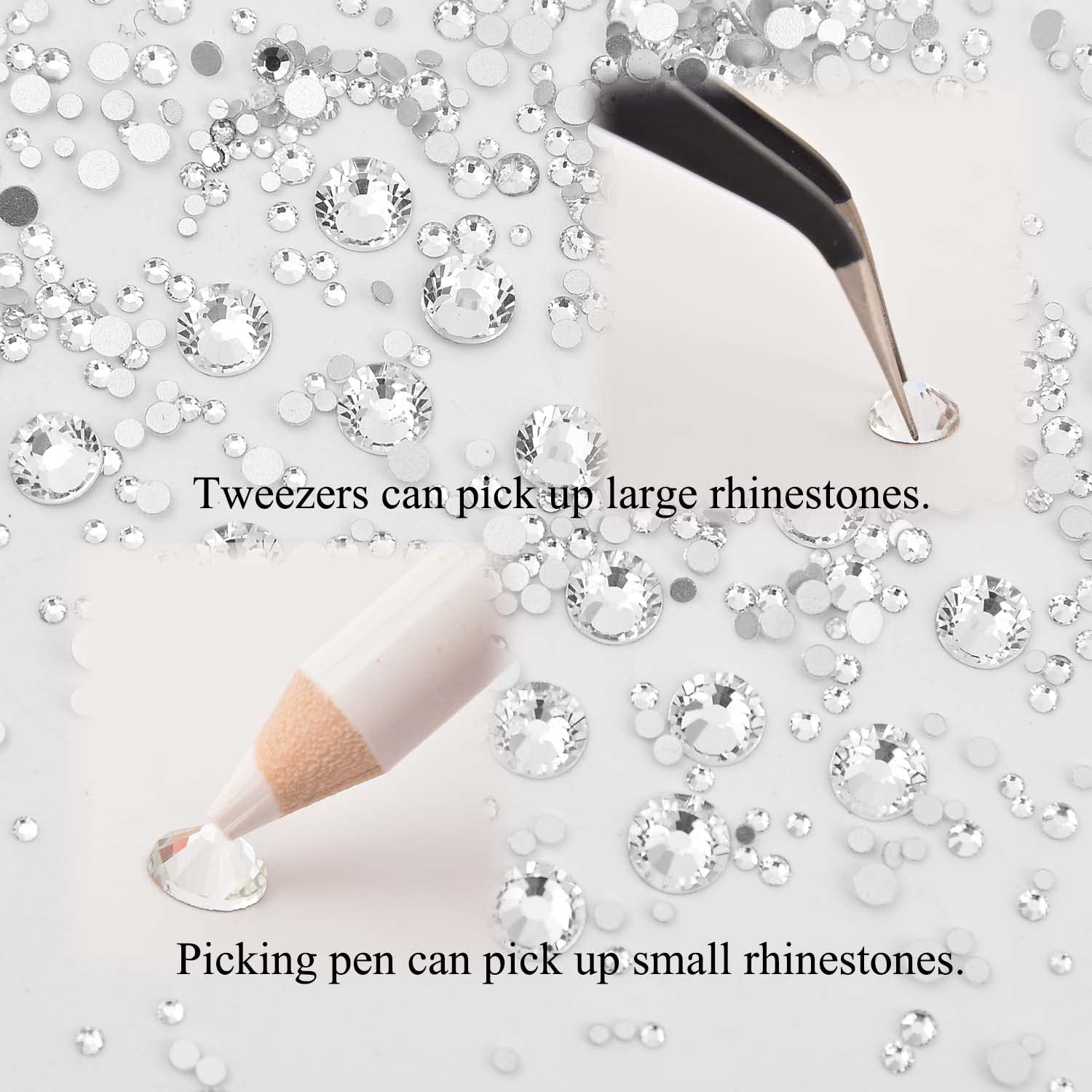 NCB rhinestones with tweezers and pen for precise placement.