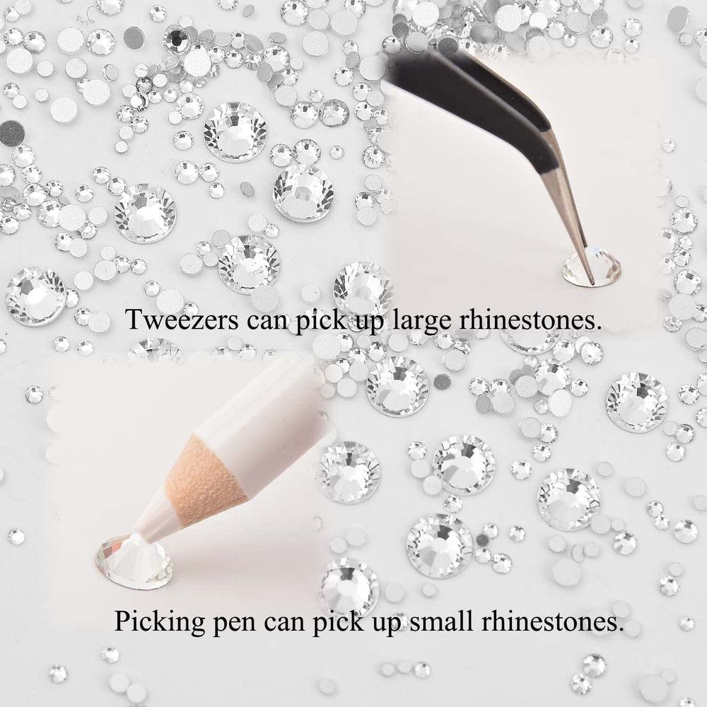 NCB rhinestones with tweezers and pen for precise placement.