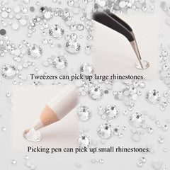 NCB rhinestones with tweezers and pen for precise placement.