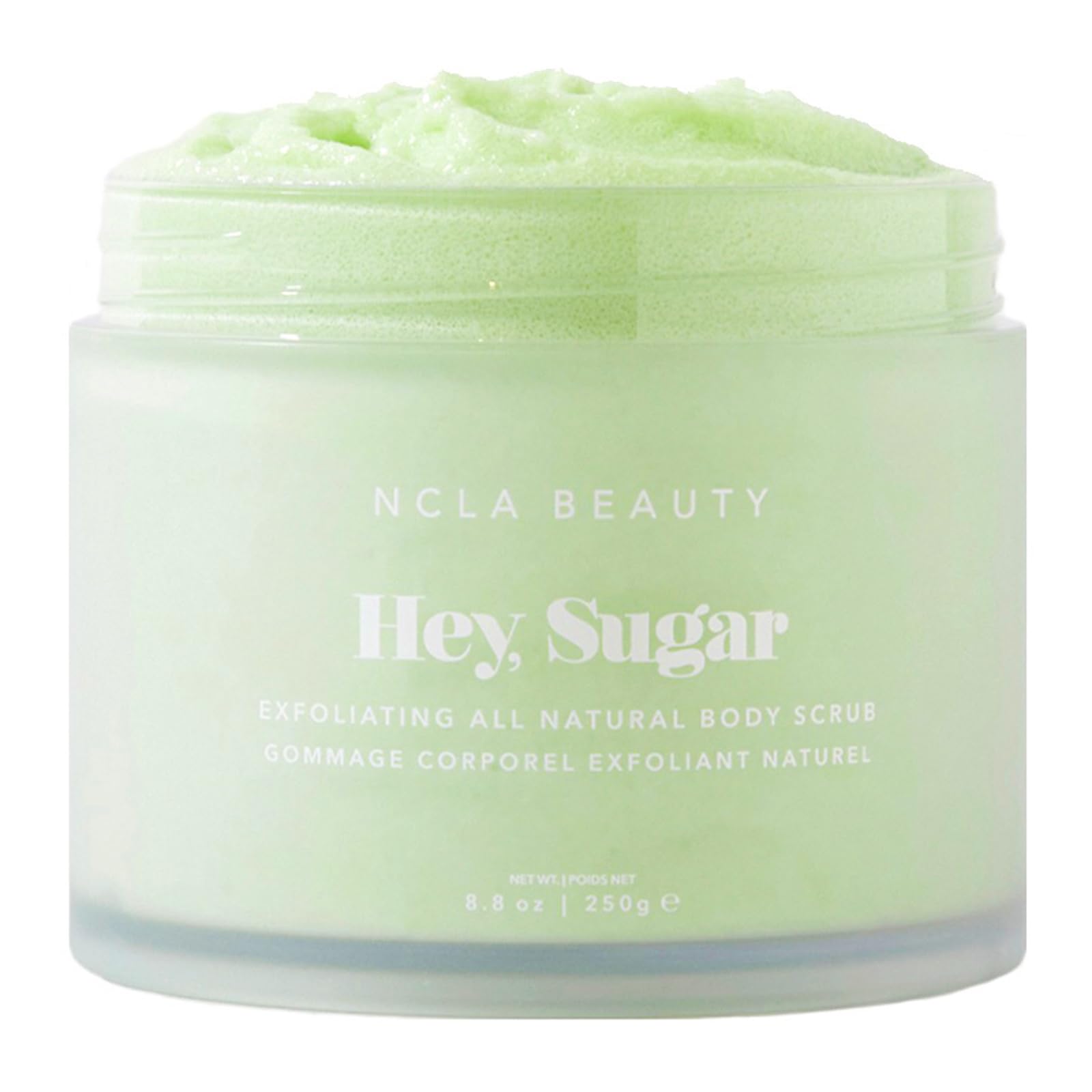 NCLA Beauty Hey Sugar body scrub jar showing exfoliating texture for smoother skin.