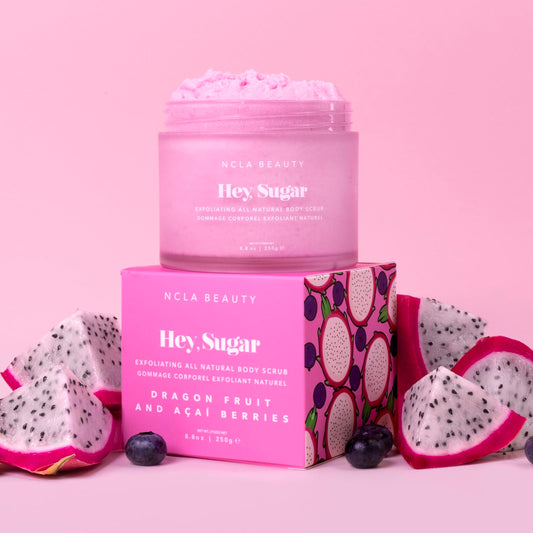 NCLA Beauty Hey Sugar exfoliating scrub texture revives dull skin.
