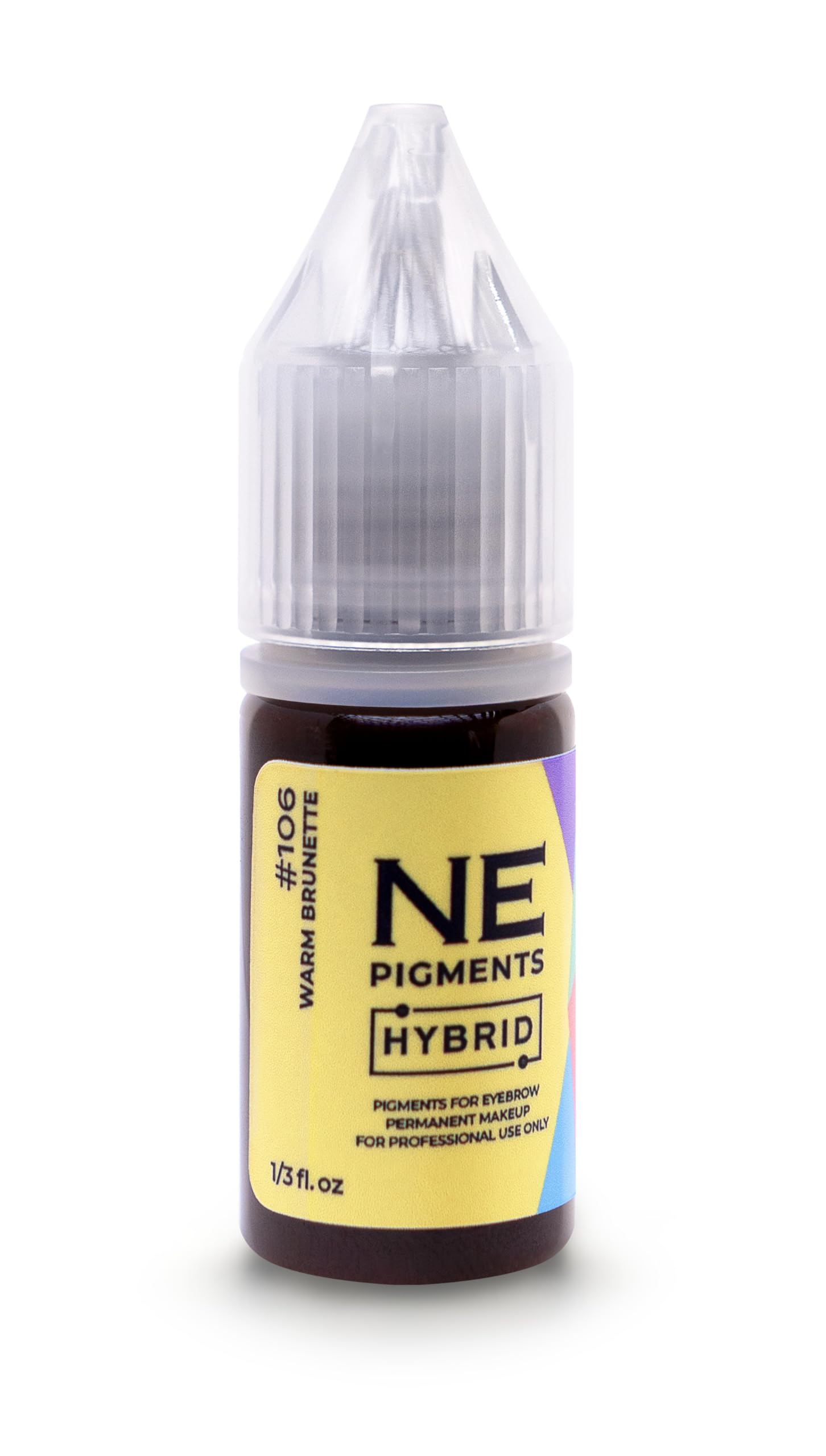 NE PIGMENTS #106 Warm Brunette bottle shows a soft, natural brow color.