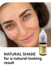 NE PIGMENTS Warm Chestnut microblading needles in use for precise strokes.
