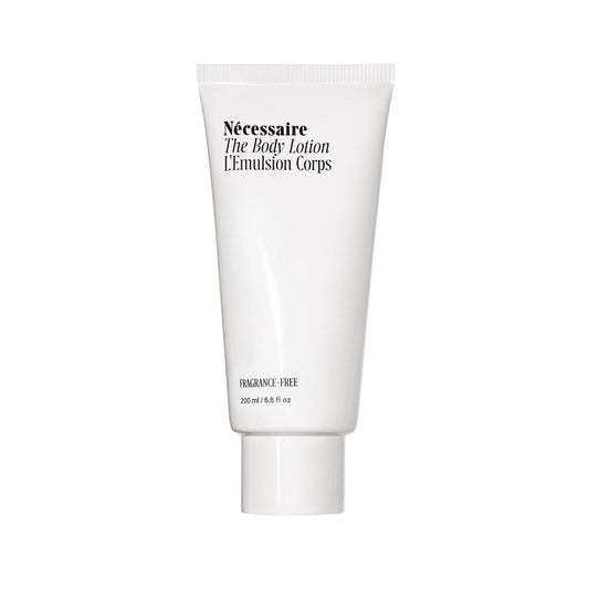 Nécessaire fragrance-free body lotion bottle close-up for sensitive skin use