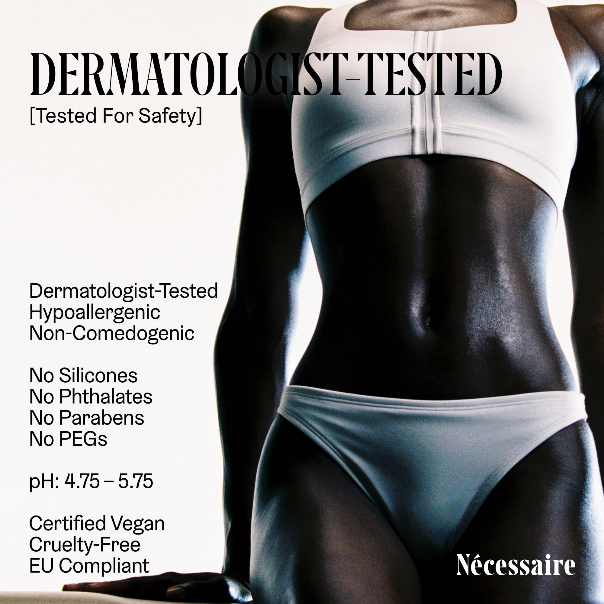 Nécessaire dermatologist tested badge on packaging indicating skin compatibility.