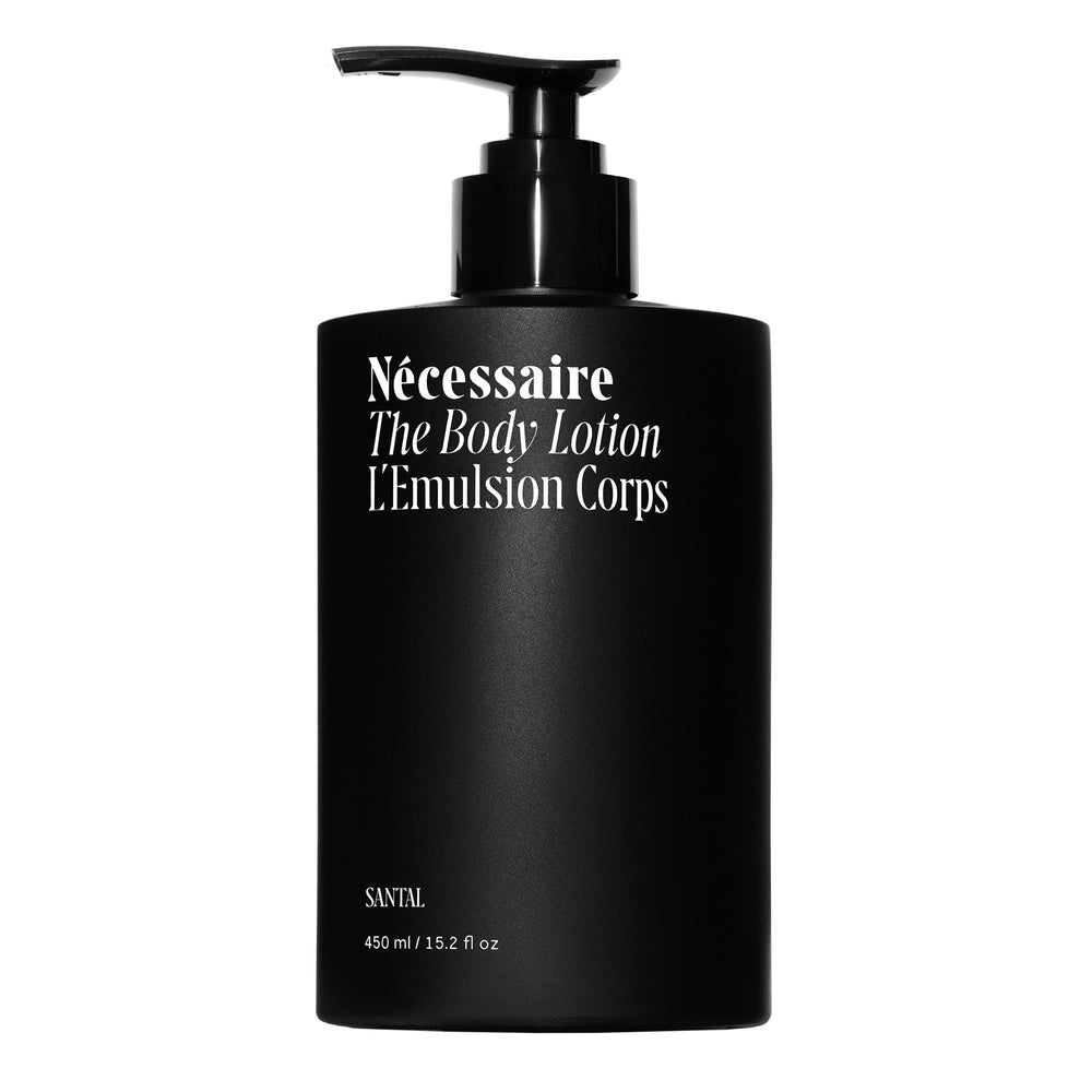 Nécessaire The Body Lotion Santal bottle highlights a woodsy scent for daily hydration.