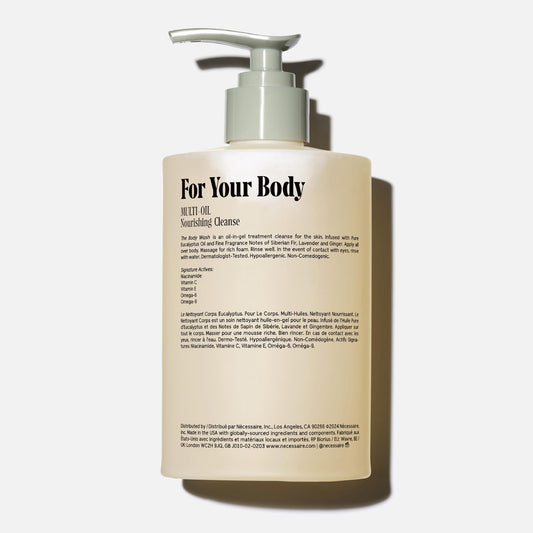 Nécessaire Eucalyptus body wash bottle close-up showing modern packaging.