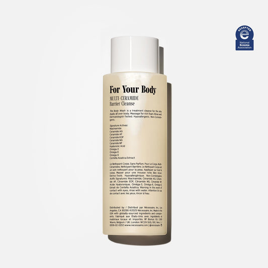 Nécessaire fragrance-free body wash ceramides closeup highlights barrier-support ingredients.