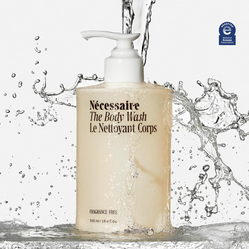 Nécessaire fragrance-free body wash closeup texture highlighting creamy, non-drying formula.