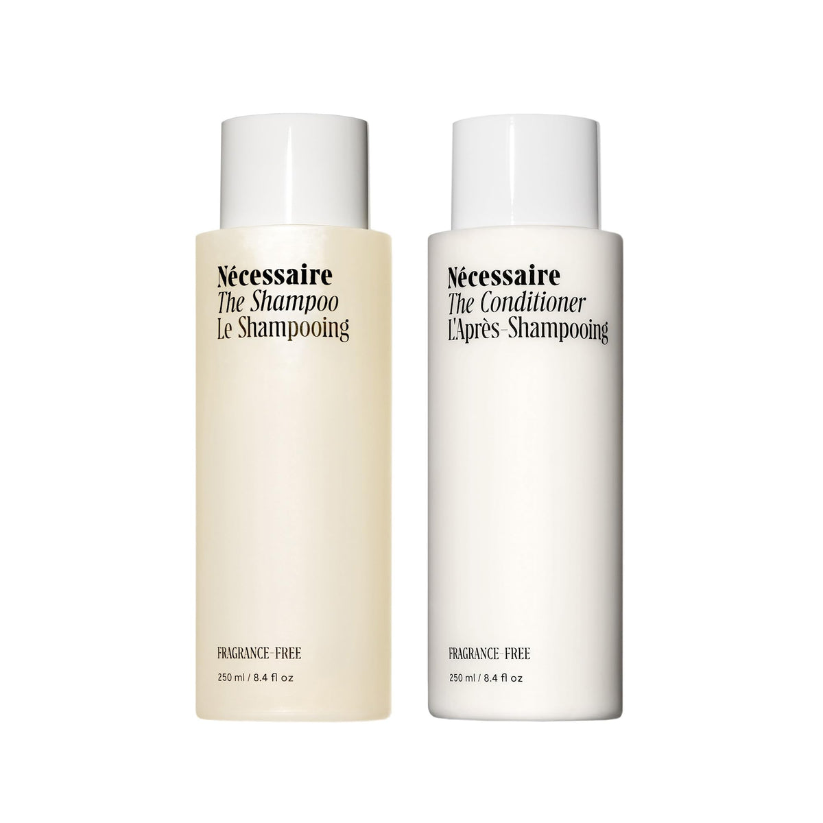 Nécessaire Hair Duo shampoo bottle shown, fragrance-free cleanse for sensitive scalps and hydration.