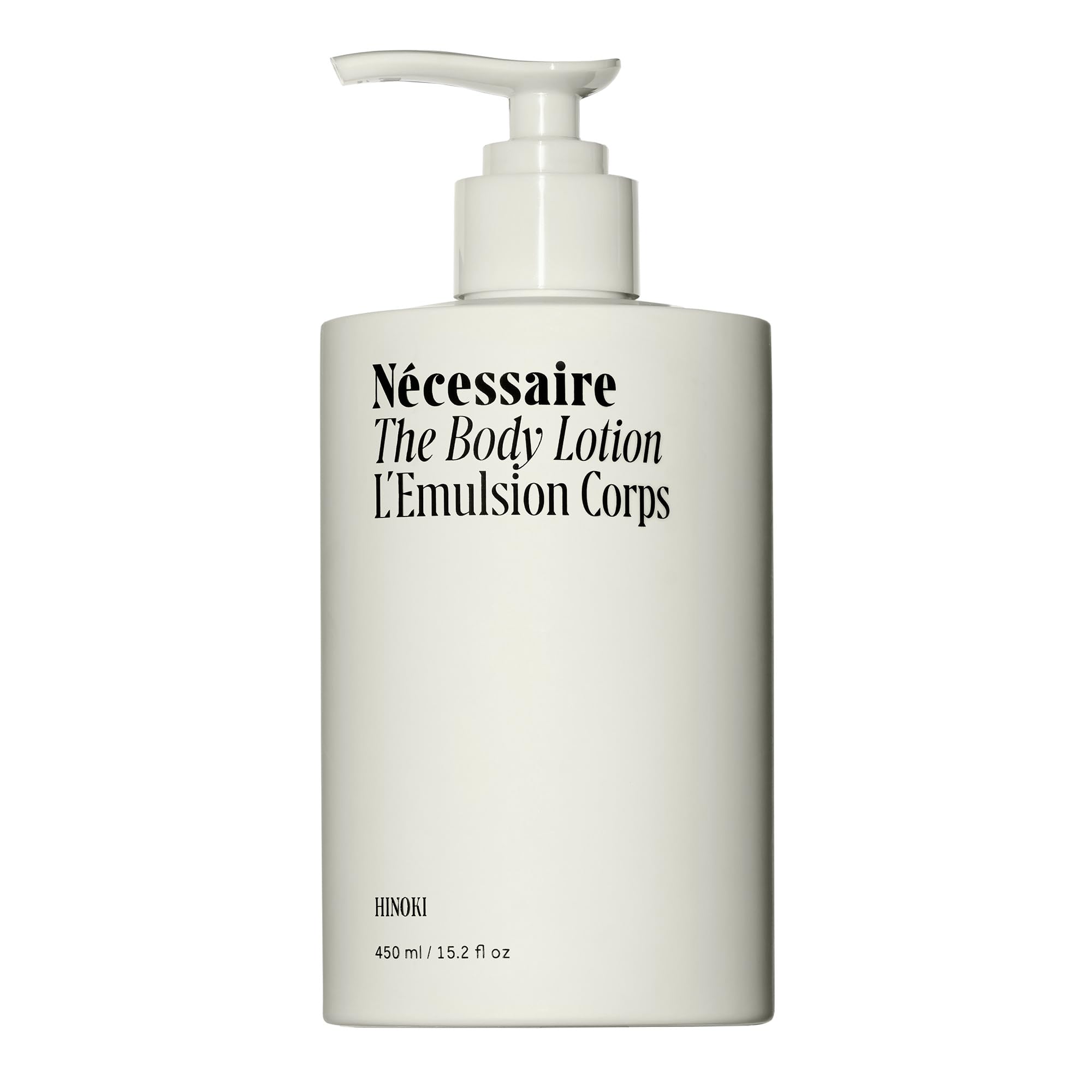 Nécessaire Hinoki body lotion bottle front for daily moisturizing and easy application.
