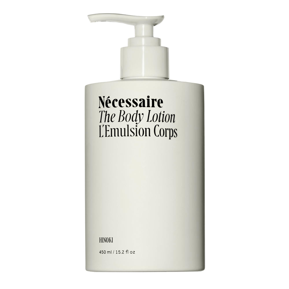 Nécessaire Hinoki body lotion bottle front for daily moisturizing and easy application.