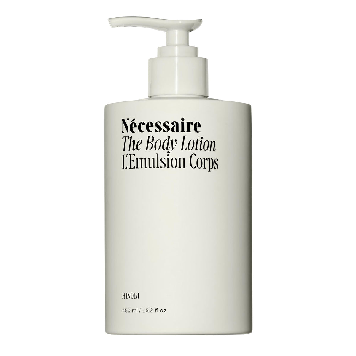 Nécessaire Hinoki body lotion bottle front for daily moisturizing and easy application.
