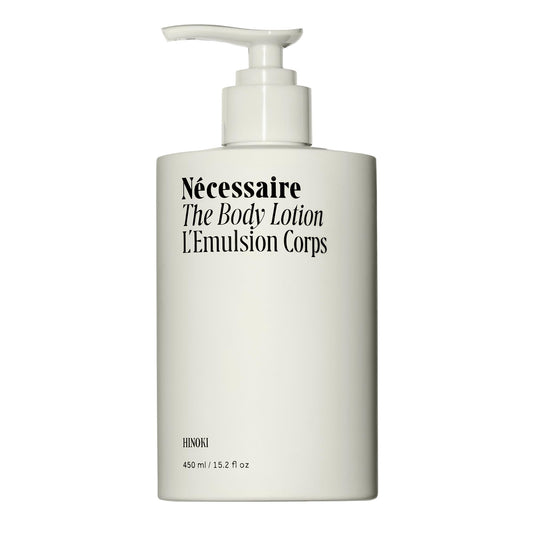Nécessaire Hinoki body lotion bottle front for daily moisturizing and easy application.