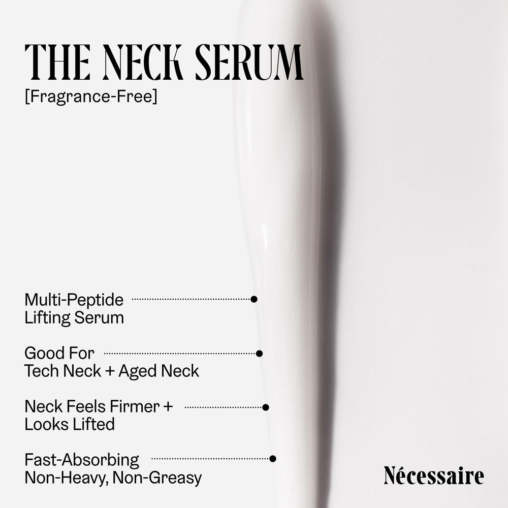 Applying Nécessaire Neck Serum to the neck during daily ritual.