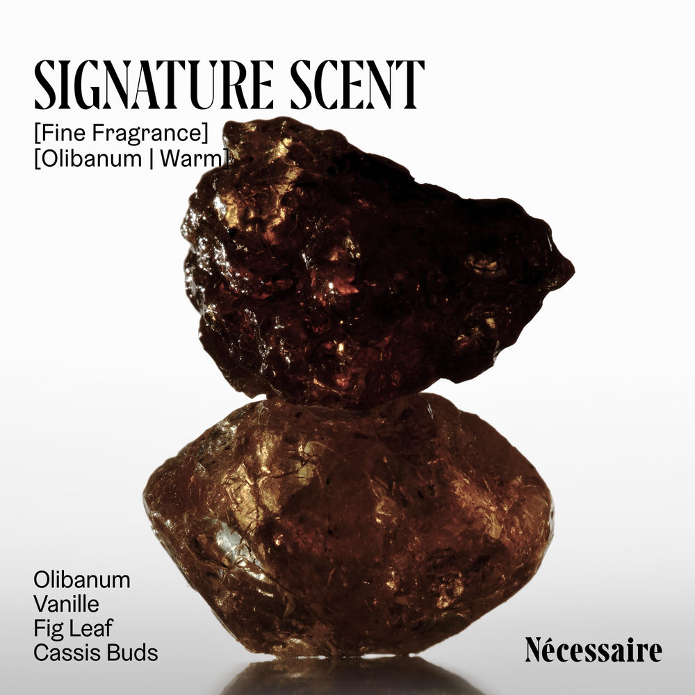 Nécessaire Olibanum deodorant ingredients mandelic acid illustration on label.