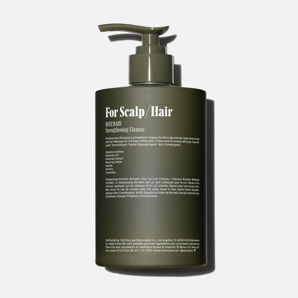 Rosemary shampoo closeup label highlighting plant-based cleansing and color-safe formula.