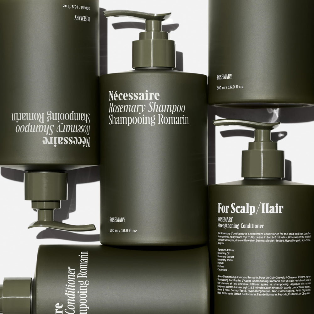 Nécessaire Rosemary Shampoo pump close-up for easy dispensing.